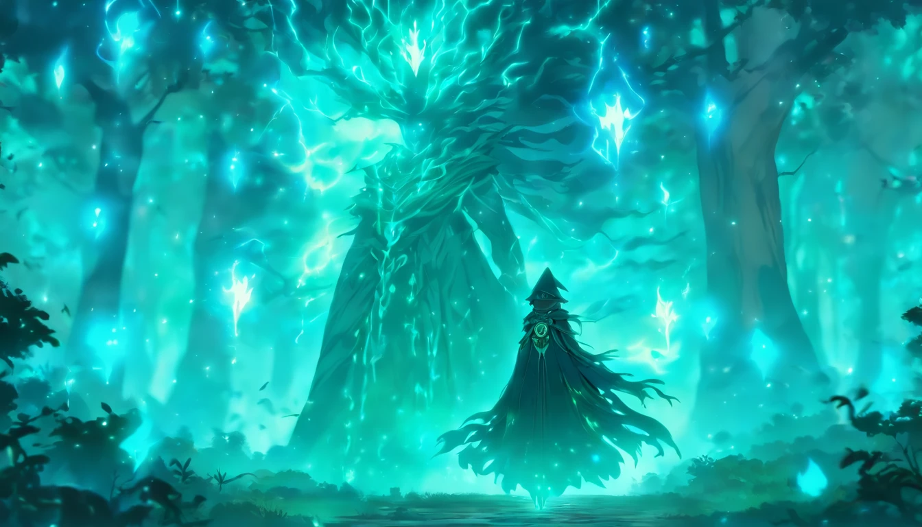 A powerful teal-haired sorceress casting evil glowing spells in a mystic forest.[(best quality,4k,8k,highres,masterpiece:1.2),ultra-detailed,(realistic,photorealistic,photo-realistic:1.37),magical,mysterious,enchanted,mystic:1.15](sorceress,mage,witch,conjurer),(dark,deep) green trees,(thick,misty) fog,(eerie,ominous) atmosphere,glowing orbs of energy,ancient ruins,sparks and lightning,magical aura,(sinister,dark) shadows,teal ethereal glow,arcane symbols,emerald-colored spells,flowing teal robes,(intense,powerful) gaze,aura of power and dark magic,starry sky,moonlight,incantation chants,forest spirits,bewitching spells and curses,elaborate staff,crow familiar)]