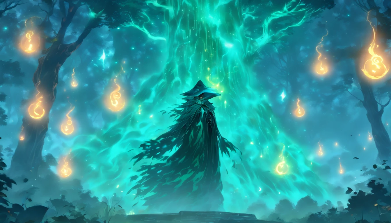 A powerful teal-haired sorceress casting evil glowing spells in a mystic forest.[(best quality,4k,8k,highres,masterpiece:1.2),ultra-detailed,(realistic,photorealistic,photo-realistic:1.37),magical,mysterious,enchanted,mystic:1.15](sorceress,mage,witch,conjurer),(dark,deep) green trees,(thick,misty) fog,(eerie,ominous) atmosphere,glowing orbs of energy,ancient ruins,sparks and lightning,magical aura,(sinister,dark) shadows,teal ethereal glow,arcane symbols,emerald-colored spells,flowing teal robes,(intense,powerful) gaze,aura of power and dark magic,starry sky,moonlight,incantation chants,forest spirits,bewitching spells and curses,elaborate staff,crow familiar)]