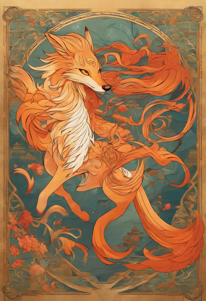 mythological creatures,((The nine-tailed fox in Chinese mythology)),Traditional Chinese elements,((Ancient murals)),Illustrative myths,Fuyao Legend,Dappled light,Hazy haze,mystical aura,tmasterpiece,k hd,Rich in color,Detailed details,Seven colors