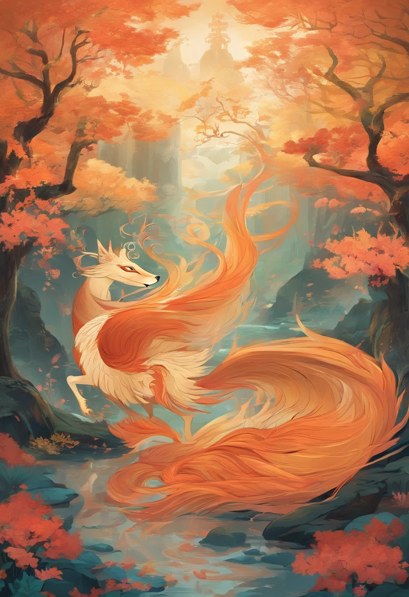 mythological creatures,((The nine-tailed fox in Chinese mythology)),Traditional Chinese elements,((Ancient murals)),Illustrative myths,Fuyao Legend,Dappled light,Hazy haze,mystical aura,tmasterpiece,k hd,Rich in color,Detailed details,Seven colors