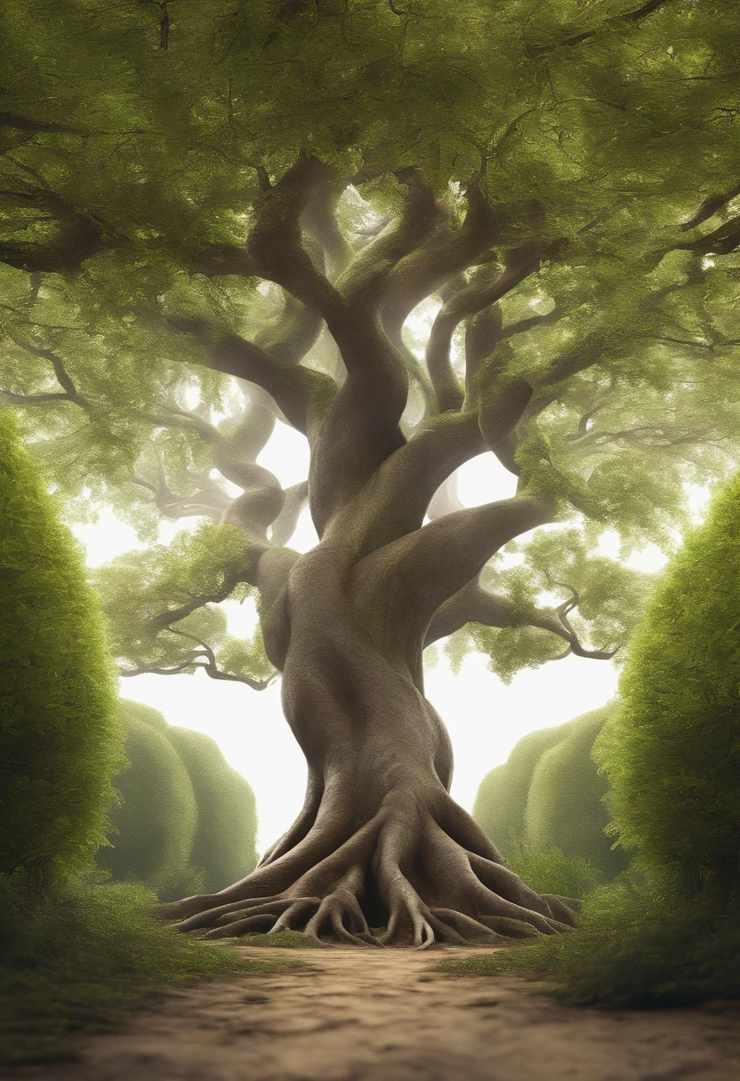 Arbomorph turns into a leafy tree, with roots as legs, branches like arms, some leaves fly on a white background,l