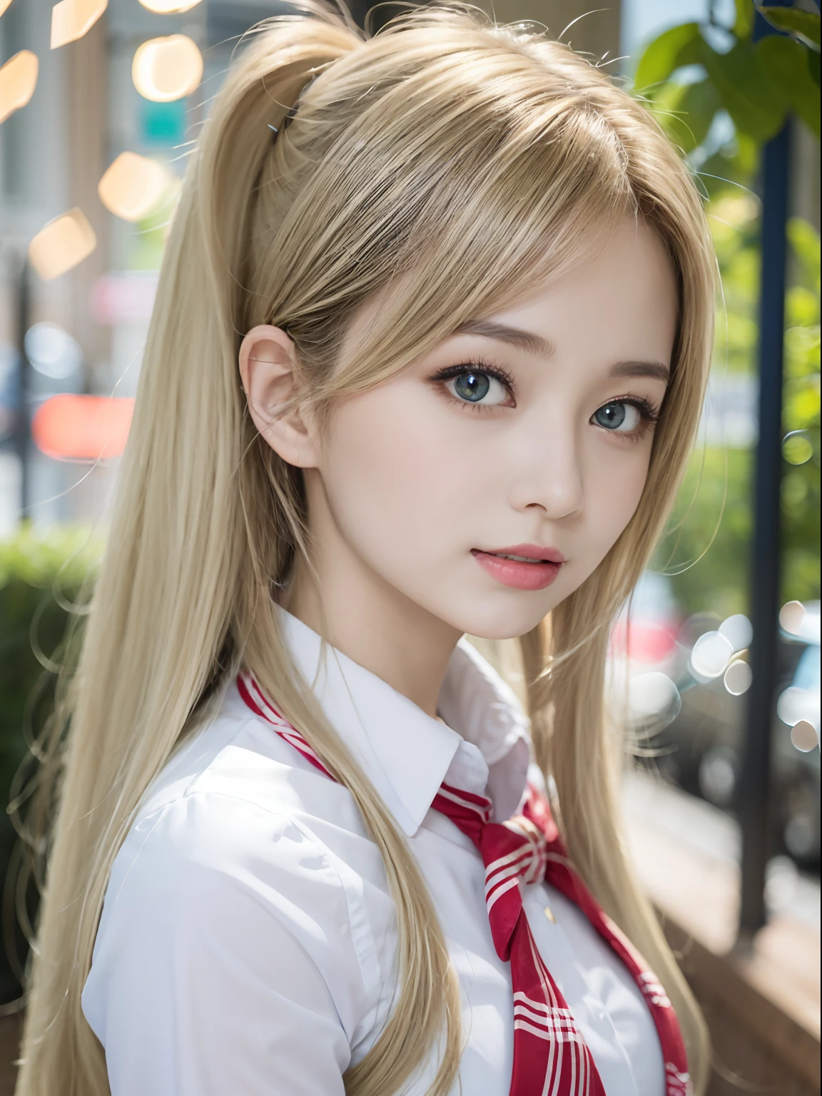 portlate、School Uniforms、bright expression、poneyTail、Young shiny shiny white shiny skin、Best Looks、Blonde reflected light、Platinum blonde hair with dazzling highlights、shiny light hair,、Super long silky straight hair、Beautiful bangs that shine、Glowing crystal clear attractive big blue eyes、Very beautiful nice cute 16 year old girl、Lush bust