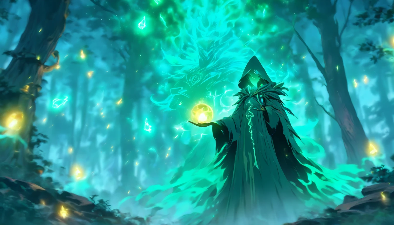 A powerful teal-haired sorceress casting evil glowing spells in a mystic forest.[(best quality,4k,8k,highres,masterpiece:1.2),ultra-detailed,(realistic,photorealistic,photo-realistic:1.37),magical,mysterious,enchanted,mystic:1.15](sorceress,mage,witch,conjurer),(dark,deep) green trees,(thick,misty) fog,(eerie,ominous) atmosphere,glowing orbs of energy,ancient ruins,sparks and lightning,magical aura,(sinister,dark) shadows,teal ethereal glow,arcane symbols,emerald-colored spells,flowing teal robes,(intense,powerful) gaze,aura of power and dark magic,starry sky,moonlight,incantation chants,forest spirits,bewitching spells and curses,elaborate staff,crow familiar)]