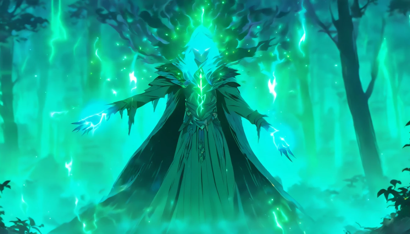 A powerful teal-haired sorceress casting evil glowing spells in a mystic forest.[(best quality,4k,8k,highres,masterpiece:1.2),ultra-detailed,(realistic,photorealistic,photo-realistic:1.37),magical,mysterious,enchanted,mystic:1.15](sorceress,mage,witch,conjurer),(dark,deep) green trees,(thick,misty) fog,(eerie,ominous) atmosphere,glowing orbs of energy,ancient ruins,sparks and lightning,magical aura,(sinister,dark) shadows,teal ethereal glow,arcane symbols,emerald-colored spells,flowing teal robes,(intense,powerful) gaze,aura of power and dark magic,starry sky,moonlight,incantation chants,forest spirits,bewitching spells and curses,elaborate staff,crow familiar)]