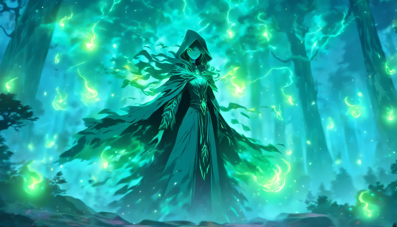 A powerful teal-haired sorceress casting evil glowing spells in a mystic forest.[(best quality,4k,8k,highres,masterpiece:1.2),ultra-detailed,(realistic,photorealistic,photo-realistic:1.37),magical,mysterious,enchanted,mystic:1.15](sorceress,mage,witch,conjurer),(dark,deep) green trees,(thick,misty) fog,(eerie,ominous) atmosphere,glowing orbs of energy,ancient ruins,sparks and lightning,magical aura,(sinister,dark) shadows,teal ethereal glow,arcane symbols,emerald-colored spells,flowing teal robes,(intense,powerful) gaze,aura of power and dark magic,starry sky,moonlight,incantation chants,forest spirits,bewitching spells and curses,elaborate staff,crow familiar)]