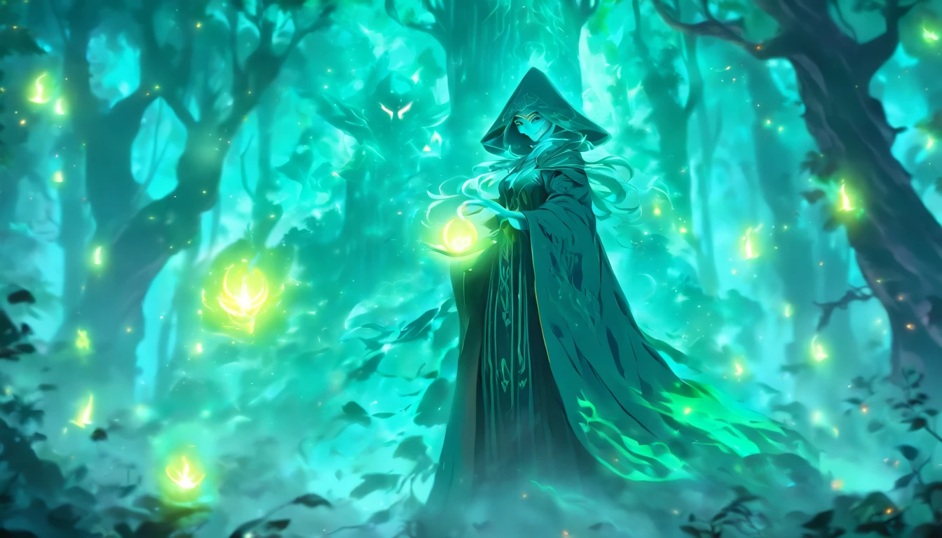 A powerful teal-haired sorceress casting evil glowing spells in a mystic forest.[(best quality,4k,8k,highres,masterpiece:1.2),ultra-detailed,(realistic,photorealistic,photo-realistic:1.37),magical,mysterious,enchanted,mystic:1.15](sorceress,mage,witch,conjurer),(dark,deep) green trees,(thick,misty) fog,(eerie,ominous) atmosphere,glowing orbs of energy,ancient ruins,sparks and lightning,magical aura,(sinister,dark) shadows,teal ethereal glow,arcane symbols,emerald-colored spells,flowing teal robes,(intense,powerful) gaze,aura of power and dark magic,starry sky,moonlight,incantation chants,forest spirits,bewitching spells and curses,elaborate staff,crow familiar)]