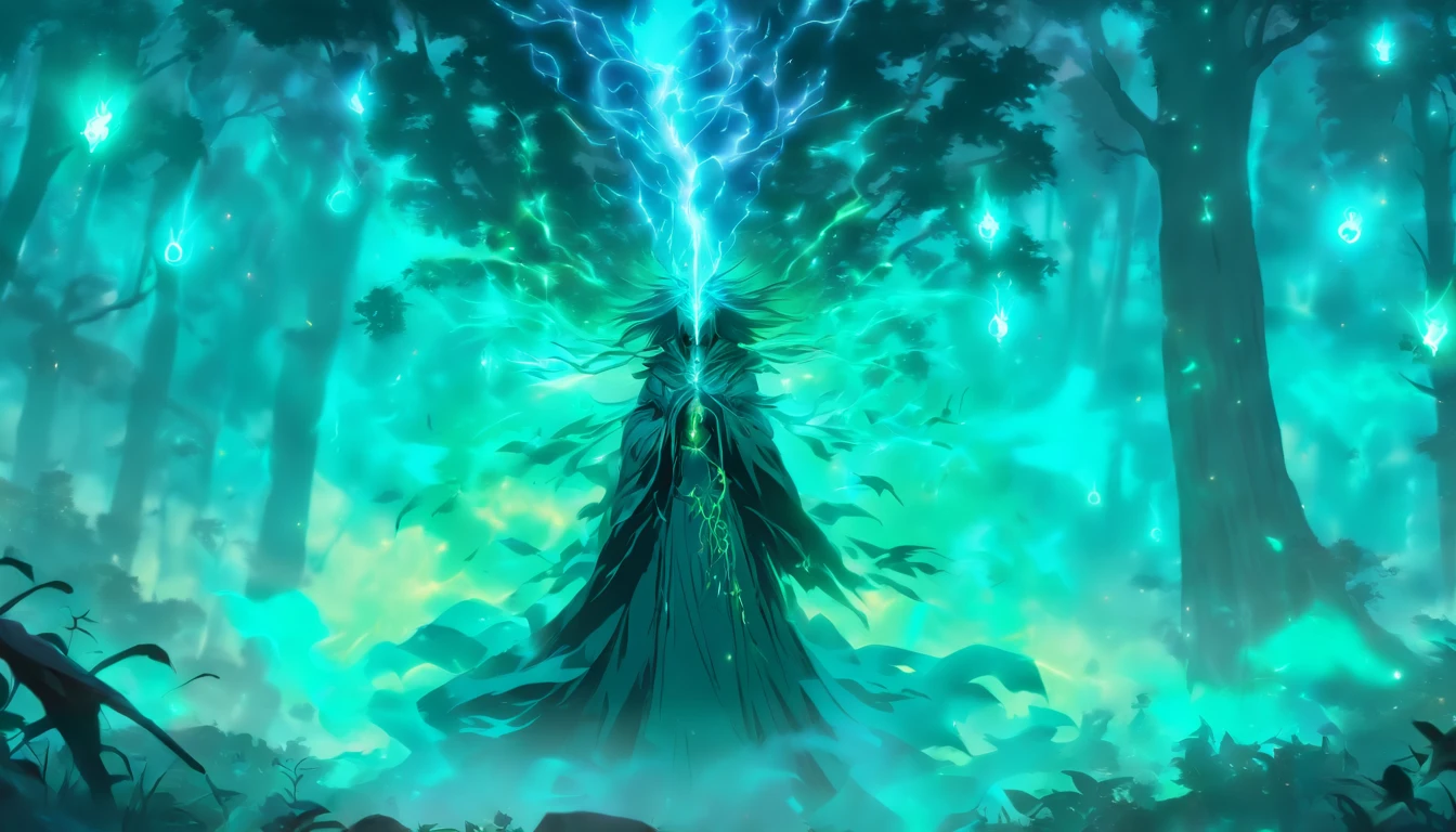 A powerful teal-haired sorceress casting evil glowing spells in a mystic forest.[(best quality,4k,8k,highres,masterpiece:1.2),ultra-detailed,(realistic,photorealistic,photo-realistic:1.37),magical,mysterious,enchanted,mystic:1.15](sorceress,mage,witch,conjurer),(dark,deep) green trees,(thick,misty) fog,(eerie,ominous) atmosphere,glowing orbs of energy,ancient ruins,sparks and lightning,magical aura,(sinister,dark) shadows,teal ethereal glow,arcane symbols,emerald-colored spells,flowing teal robes,(intense,powerful) gaze,aura of power and dark magic,starry sky,moonlight,incantation chants,forest spirits,bewitching spells and curses,elaborate staff,crow familiar)]