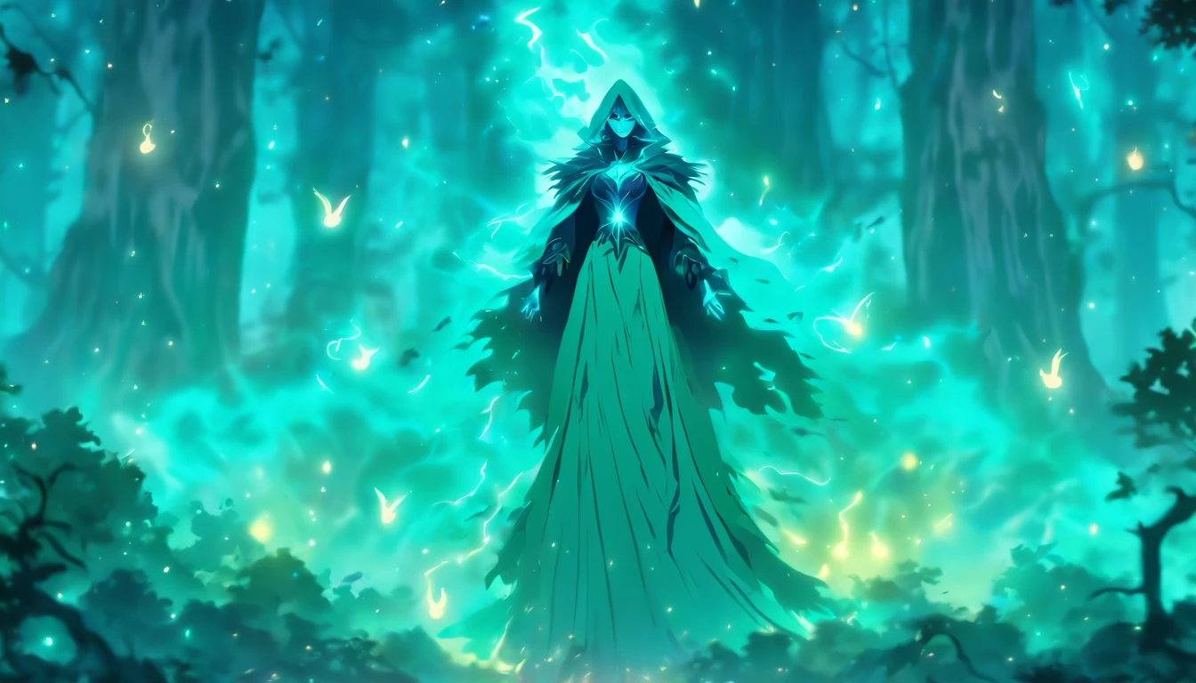 A powerful teal-haired sorceress casting evil glowing spells in a mystic forest.[(best quality,4k,8k,highres,masterpiece:1.2),ultra-detailed,(realistic,photorealistic,photo-realistic:1.37),magical,mysterious,enchanted,mystic:1.15](sorceress,mage,witch,conjurer),(dark,deep) green trees,(thick,misty) fog,(eerie,ominous) atmosphere,glowing orbs of energy,ancient ruins,sparks and lightning,magical aura,(sinister,dark) shadows,teal ethereal glow,arcane symbols,emerald-colored spells,flowing teal robes,(intense,powerful) gaze,aura of power and dark magic,starry sky,moonlight,incantation chants,forest spirits,bewitching spells and curses,elaborate staff,crow familiar)]