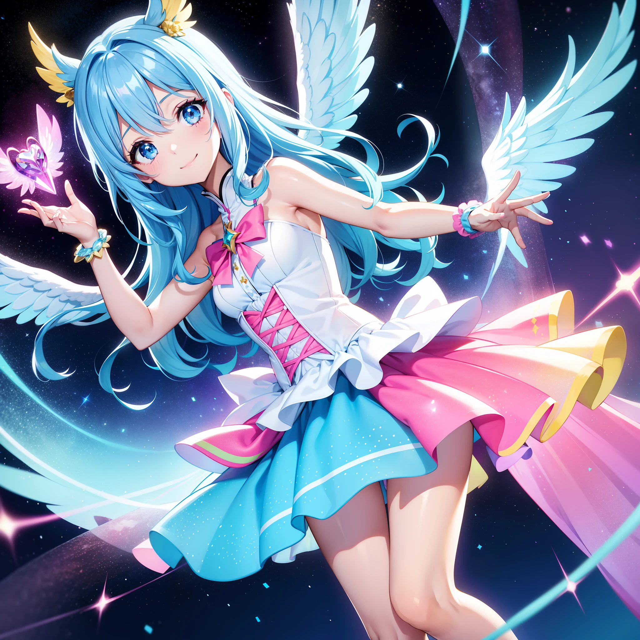 Super Idol a beauty girl A charming smile sky blue hair length hair Twin-tailed Glittery bright pink and white and blue and yellow outfit facing front 7 colors of angel great wings on the back Mystical Fantasia constellation a moon Crystal Brilliance Aurora Borealis in the Night Sky Angelic aura