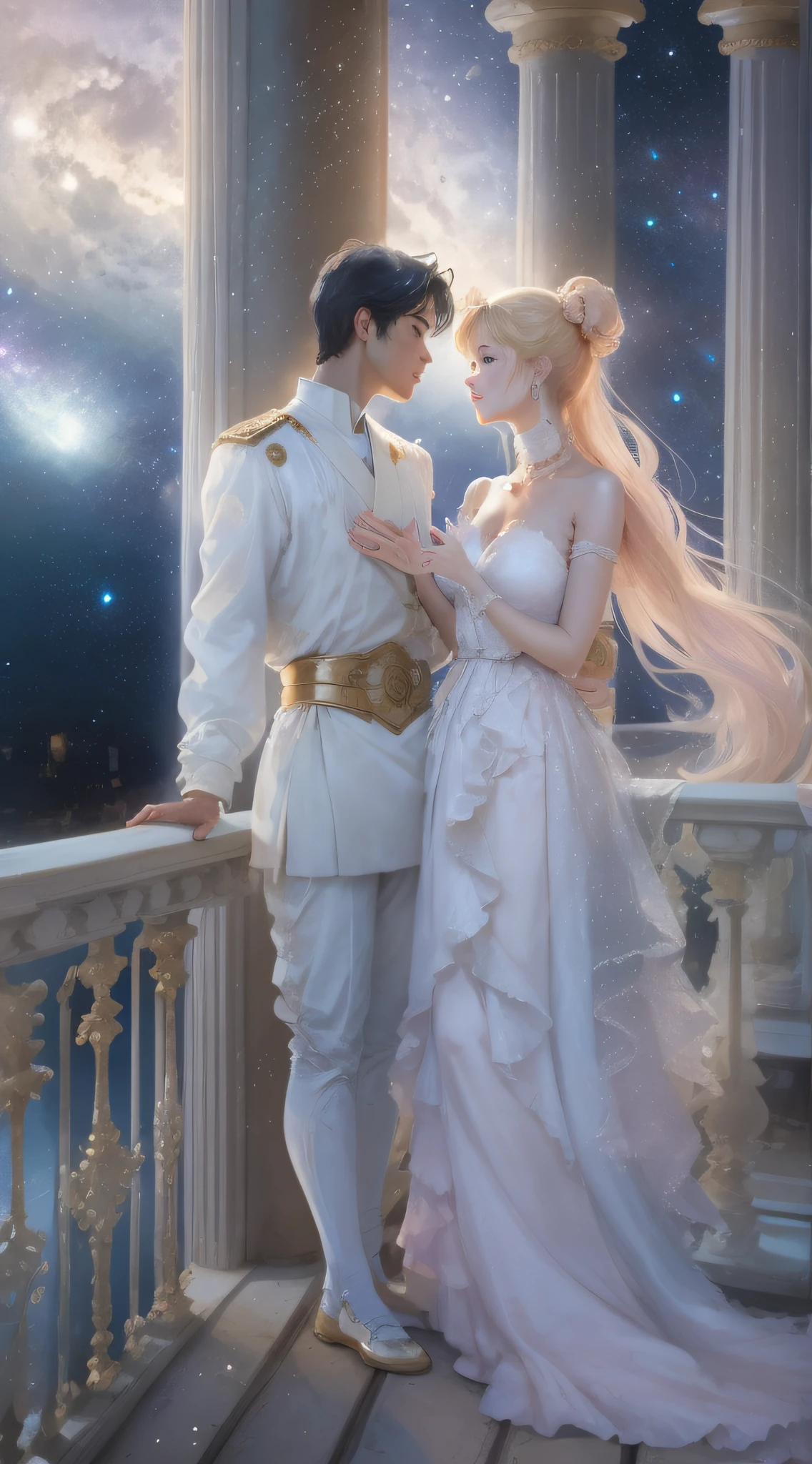 Princess Serenity with Odango, Usagi Tsukino + Mamoru Chiba, couple, On the balcony of the Crystal Palace, High Sky, the stars, the Milky Way (full length), real-photo, hyper realisitc
