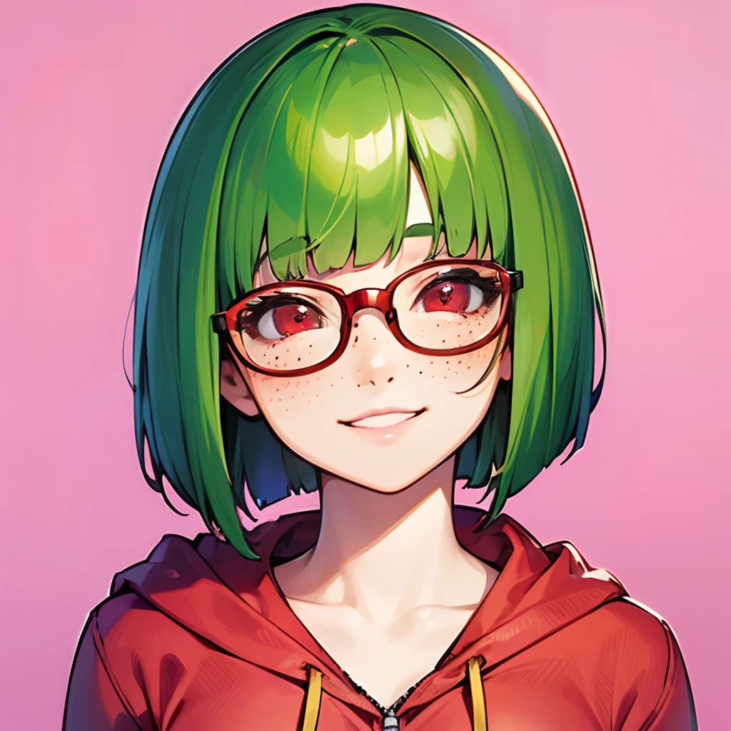 1girl, short green hair, bob cut, blunt bangs, glasses, freckles, red eyes, pink hoodie, medium breast, cheerfull smile, solo, best quality, masterpiece, portrait, simple background, looking at the camera, from the front, 1result, vibrant, detailed, perfect anatomy, detailed art, high definition, 4k, high resolution