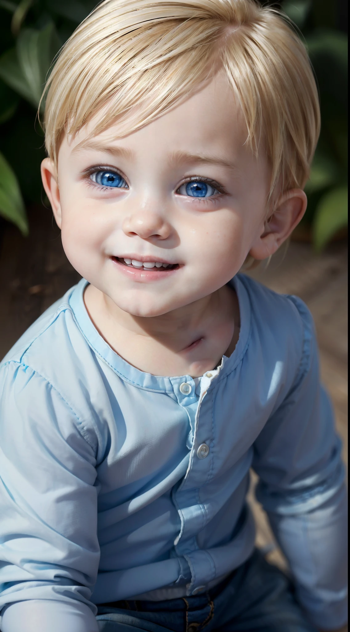 (Ultra high quality), (ultra high definition), (ultra sharpness), (8K), (a very cute blonde baby boy), (1 year old), (alone), (wearing a children's clothes), (portrait), ( very blue eyes), (ultra detailed eyes), (ultra detailed irises), (completely identical irises), (totally normal irises), (emphasis on irises), (cheerful smile)