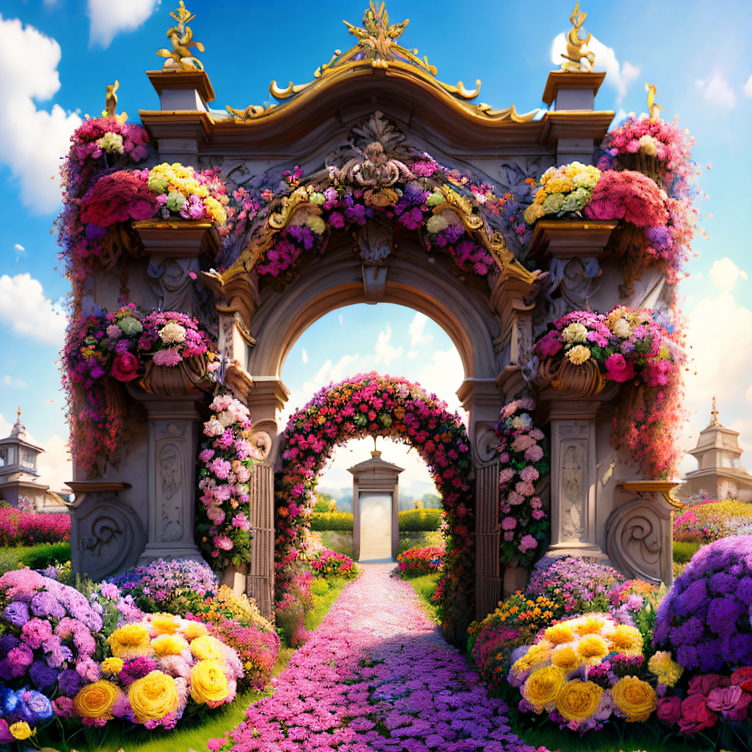 photo (FlowerGateway style:1) the entrance to a palace with lots of flowers growing out of it