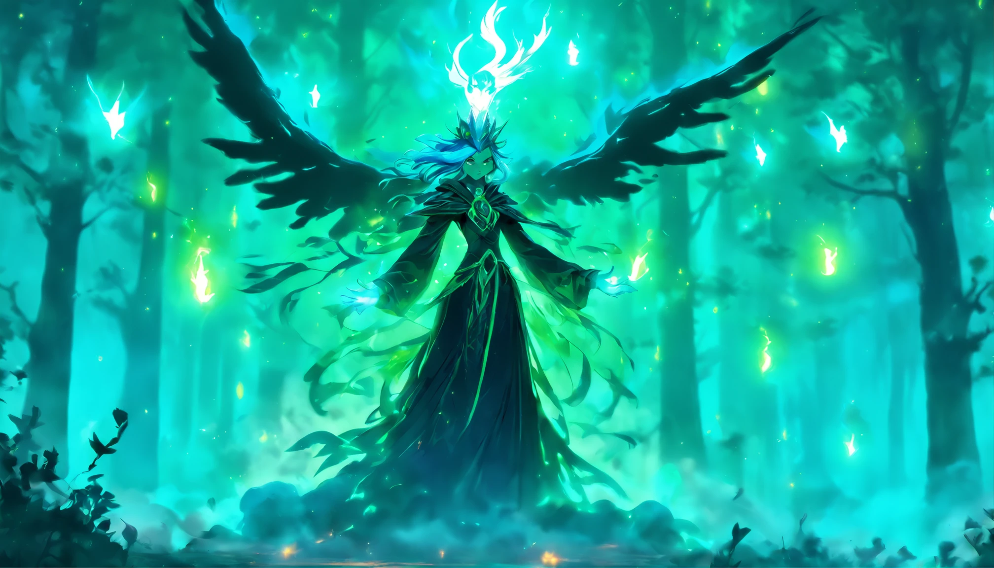A powerful teal-haired sorceress casting evil glowing spells in a mystic forest.[(best quality,4k,8k,highres,masterpiece:1.2),ultra-detailed,(realistic,photorealistic,photo-realistic:1.37),magical,mysterious,enchanted,mystic:1.15](sorceress,mage,witch,conjurer),(dark,deep) green trees,(thick,misty) fog,(eerie,ominous) atmosphere,glowing orbs of energy,ancient ruins,sparks and lightning,magical aura,(sinister,dark) shadows,teal ethereal glow,arcane symbols,emerald-colored spells,flowing teal robes,(intense,powerful) gaze,aura of power and dark magic,starry sky,moonlight,incantation chants,forest spirits,bewitching spells and curses,elaborate staff,crow familiar)]