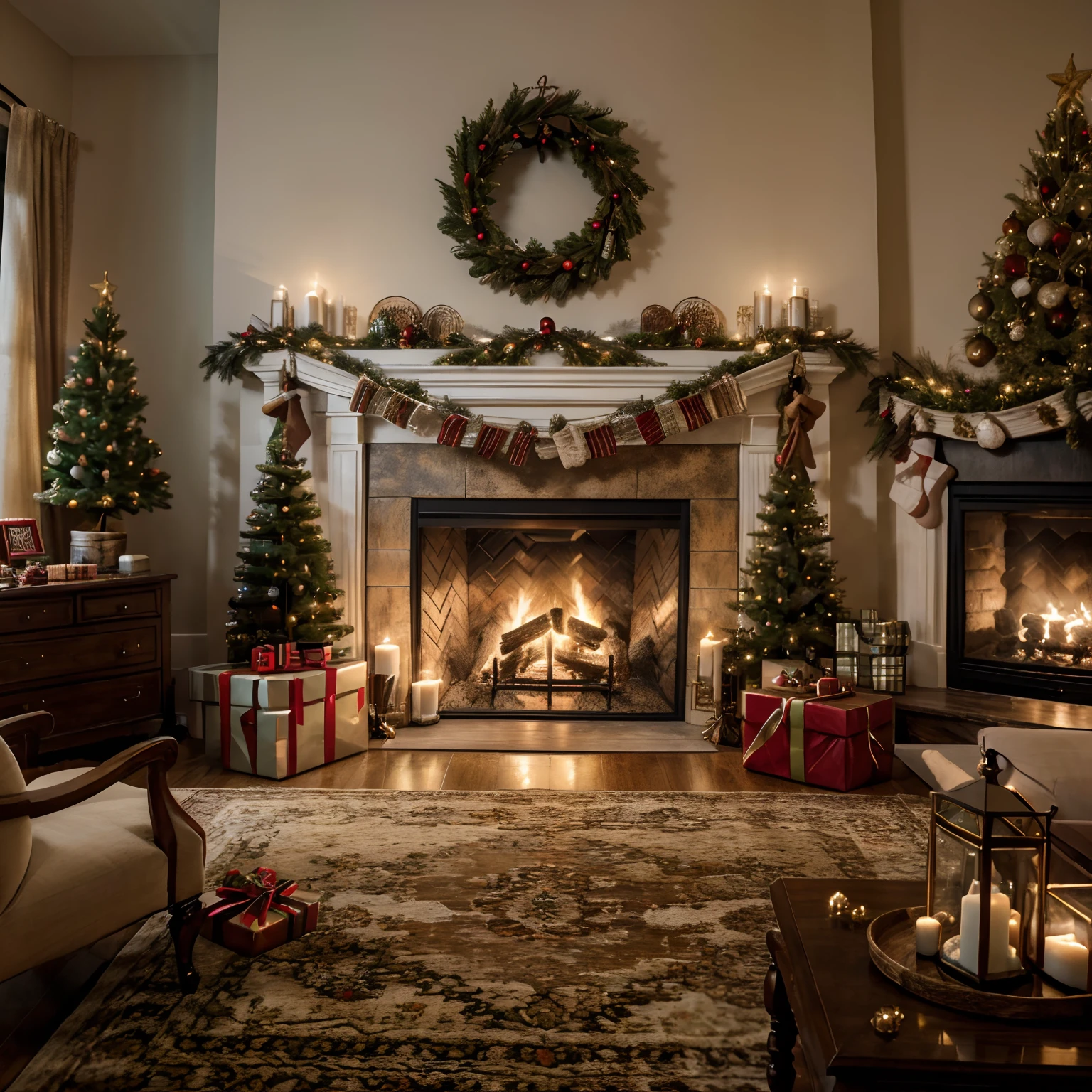 (high quality,4k,8k,highres, masterpiece:1.2),ultra-detailed, realistic, cozy living room, Christmas decorations, lit fireplace, festive atmosphere, warm colors, soft lighting, comfortable sofa, fluffy rug, Christmas tree with ornaments, wrapped presents, stockings hanging on the fireplace, glowing string lights, holiday cheer, snow falling outside, joyful celebration, peaceful ambiance, wooden furniture, flickering candles, nostalgic vibes, inviting space.