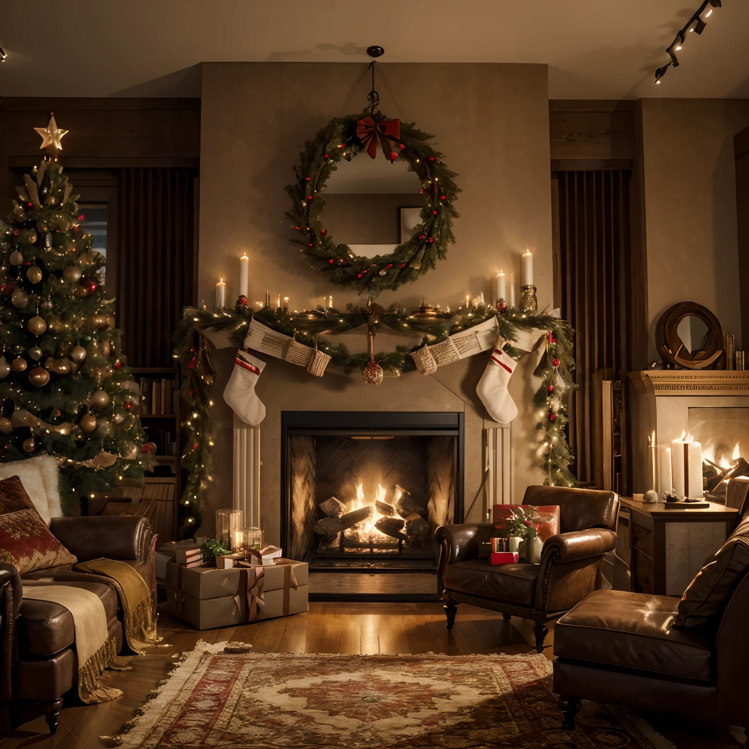 (high quality,4k,8k,highres, masterpiece:1.2),ultra-detailed, realistic, cozy living room, Christmas decorations, lit fireplace, festive atmosphere, warm colors, soft lighting, comfortable sofa, fluffy rug, Christmas tree with ornaments, wrapped presents, stockings hanging on the fireplace, glowing string lights, holiday cheer, snow falling outside, joyful celebration, peaceful ambiance, wooden furniture, flickering candles, nostalgic vibes, inviting space.