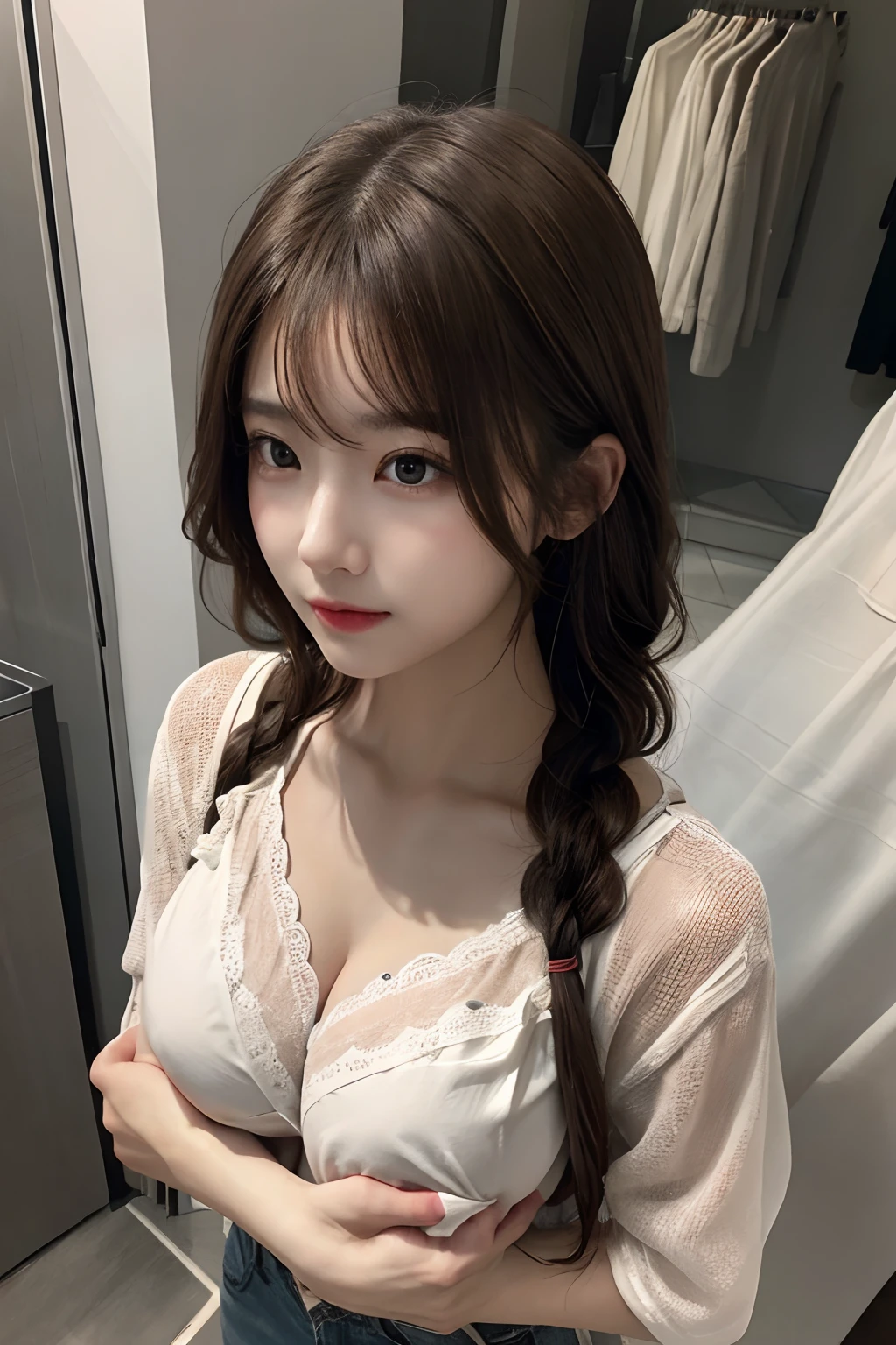(From above:1.4)、((1girl in)),Light Brown Fringe Hair、Braided hair、disheveled hair、Light brown eyes、(dignified expression)、((Casual summer clothes))、(爆乳:1.4)、Emphasize the valley、fittingroom、(Photorealsitic)、(intricate detailes:1.2)、(masterpiece、:1.3)、(top-quality:1.4)、(超A high resolution:1.2)、超A high resolution、(A detailed eye)、(detailed facial features)、(breast hold:1.4)、large full breasts