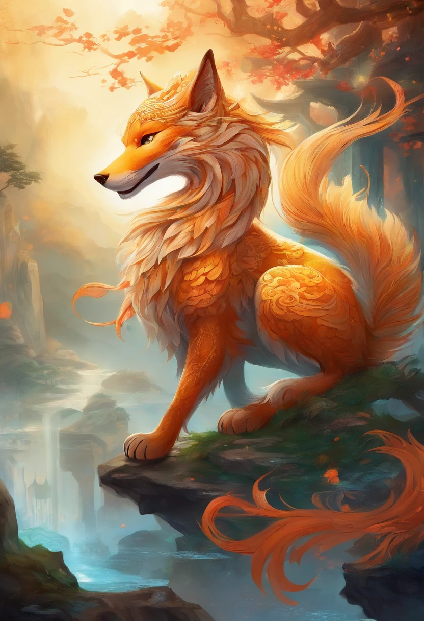 mythological creatures,((The nine-tailed fox in Chinese mythology)),Traditional Chinese elements,((Ancient murals)),Illustrative myths,Fuyao Legend,Dappled light,Hazy haze,mystical aura,tmasterpiece,k hd,Rich in color,Detailed details,Seven colors