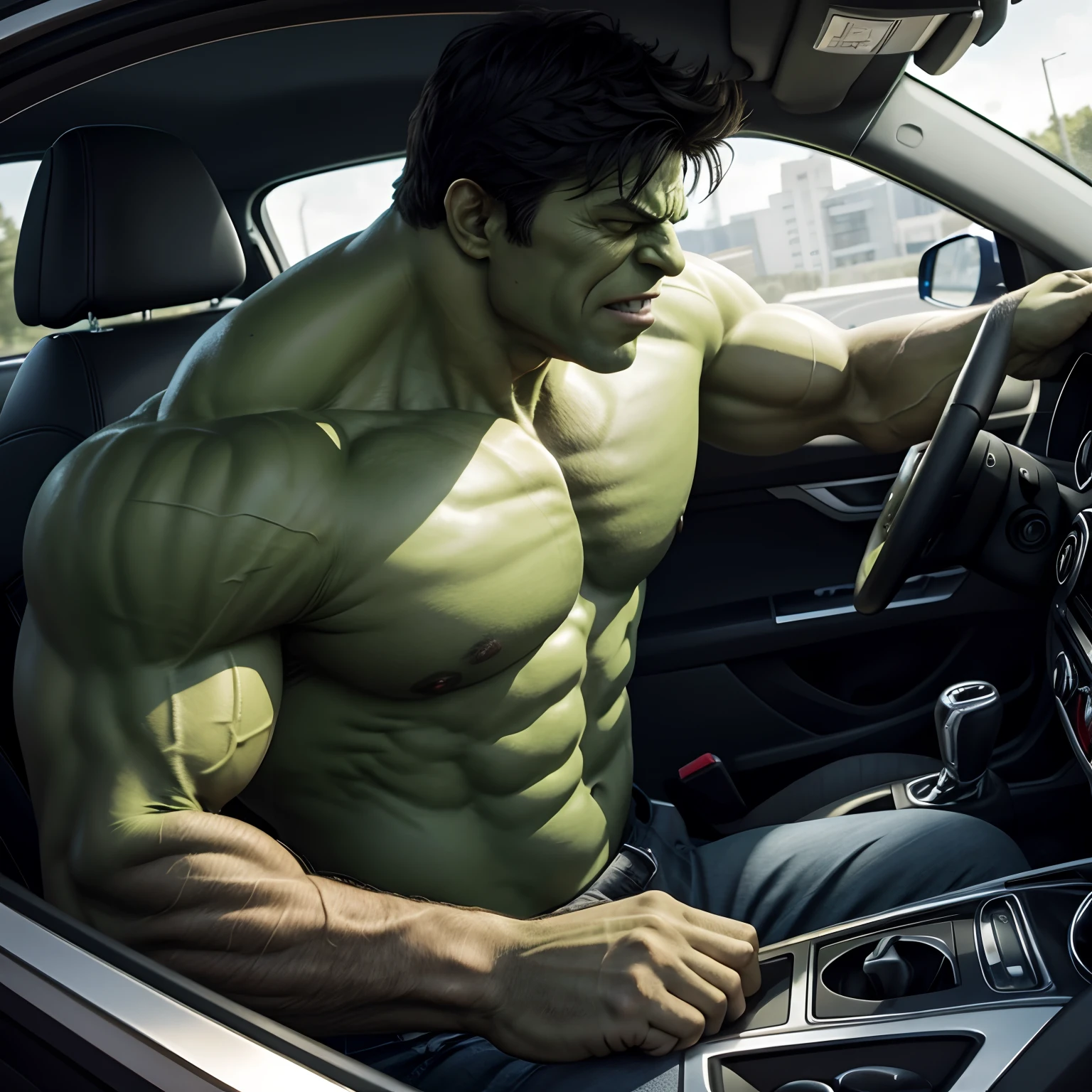 The incredible hulk,driving a car,windows down