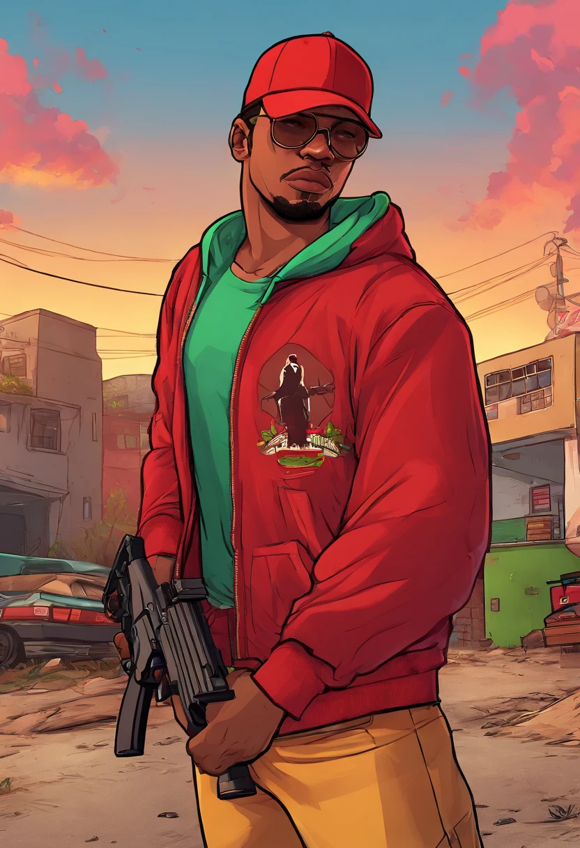 GTA style, illustration, a boy , 8 yeras old, com uma roupa vermelha em uma favela, segurando um rifle, (rosto e corpo extremamente detalhados), cores vibrantes, (retrato), tom de cor vermelha, dramatic lighting, (melhor qualidade, ultra-detalhado, Altas), Realistic
