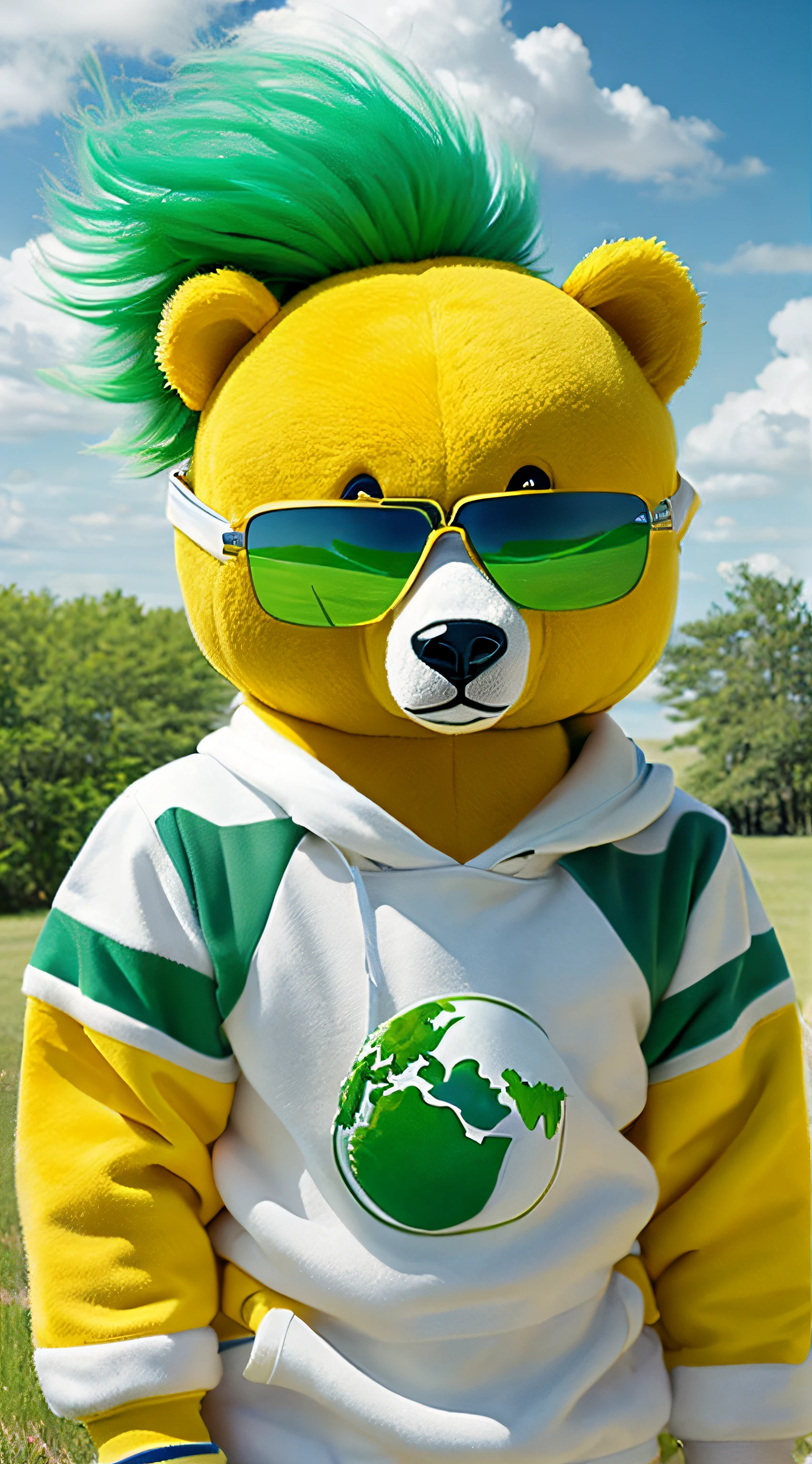 green hair, white and green clothes, sunglasses, earth element, with yellow bear, living in michigan