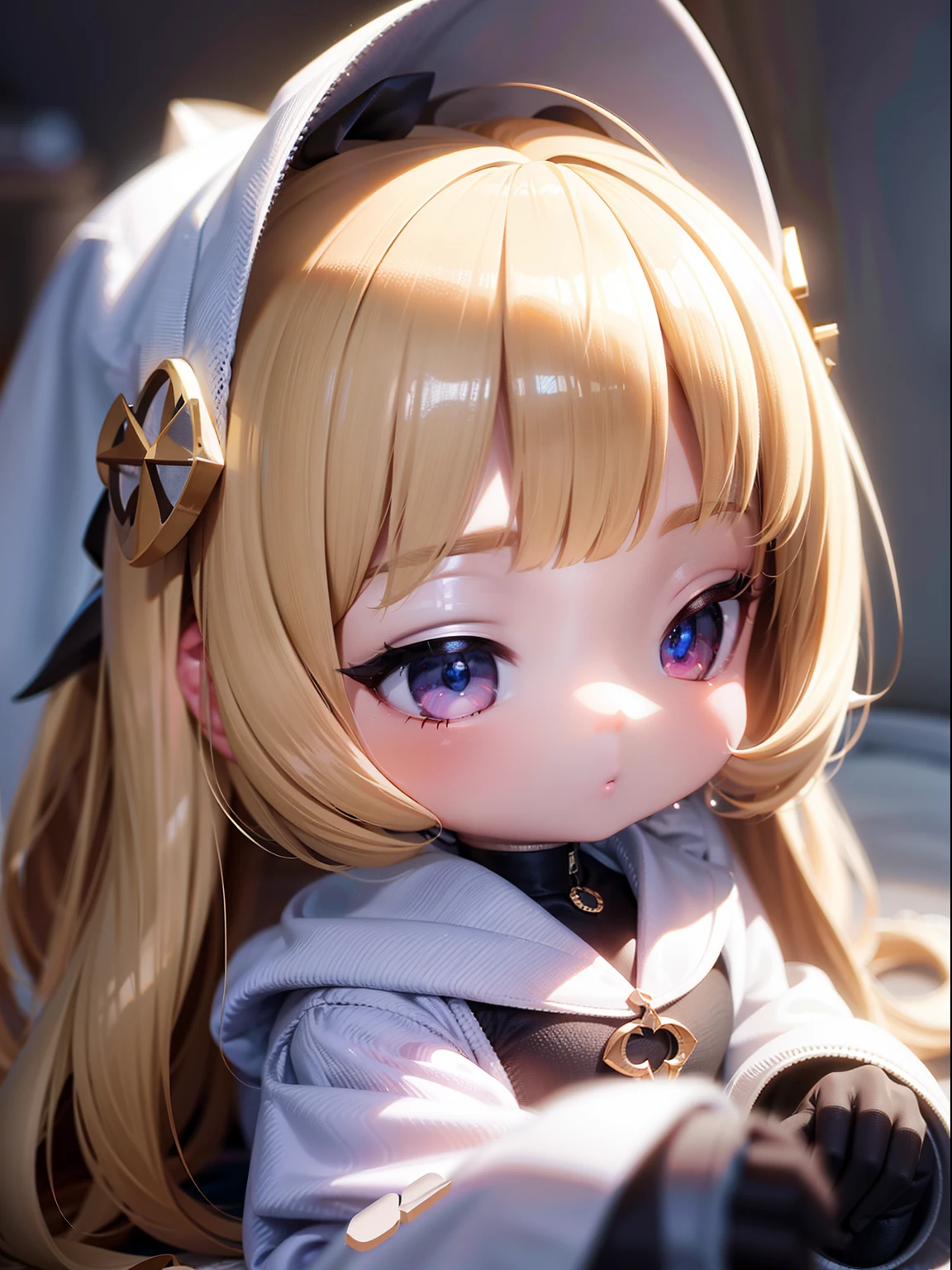 PopMart Blind Box IP, a close-up of a cute, white robe doll, young wanangel style, wearing long and fluent clothes, wlop style, pocelain doll, little people; Unreal Engine 5, Lite 3D/C4D production: 8K HD quality/lighting/ultra-detailed lens depiction 1.5, flawless, chibi background/cinematic.