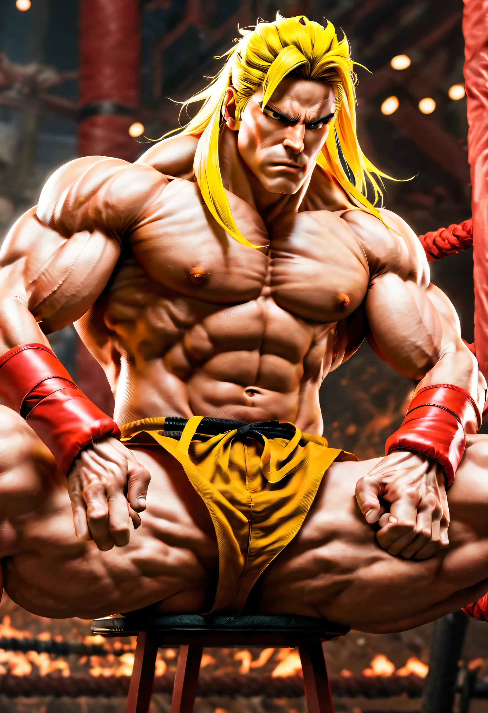 masterpiece,best quality,highres,Ken from street figher, bara, kick into fire ,naked,sitting ,erected big vein, fire aura around hands ,full of masculinity,manly,mature,handsome,huge,muscular,strong,in crimson gym short, street fighter, ken with long yellow hair \(sf\), nsfw