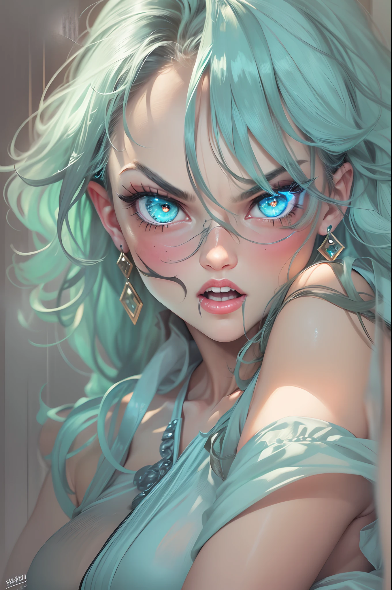 Middle-aged Woman, sexy thunder thighs, sexy voluptuous, large breasts, slimmest waist, sexy mature face, wear summer light blue dress, black hair, glowing eyes, open mouth, blonde hair, white hair, messy hair, very long hair, symbol-shaped pupils, aqua eyes, glowing eyes, pointy ears, earrings, angry, embarrassed, mouth hold, seductive smile, heavy breathing, moaning, torogao, rape face, Gothic art, Realism, UHD, textured skin, super detail, 8k, 16k, high quality