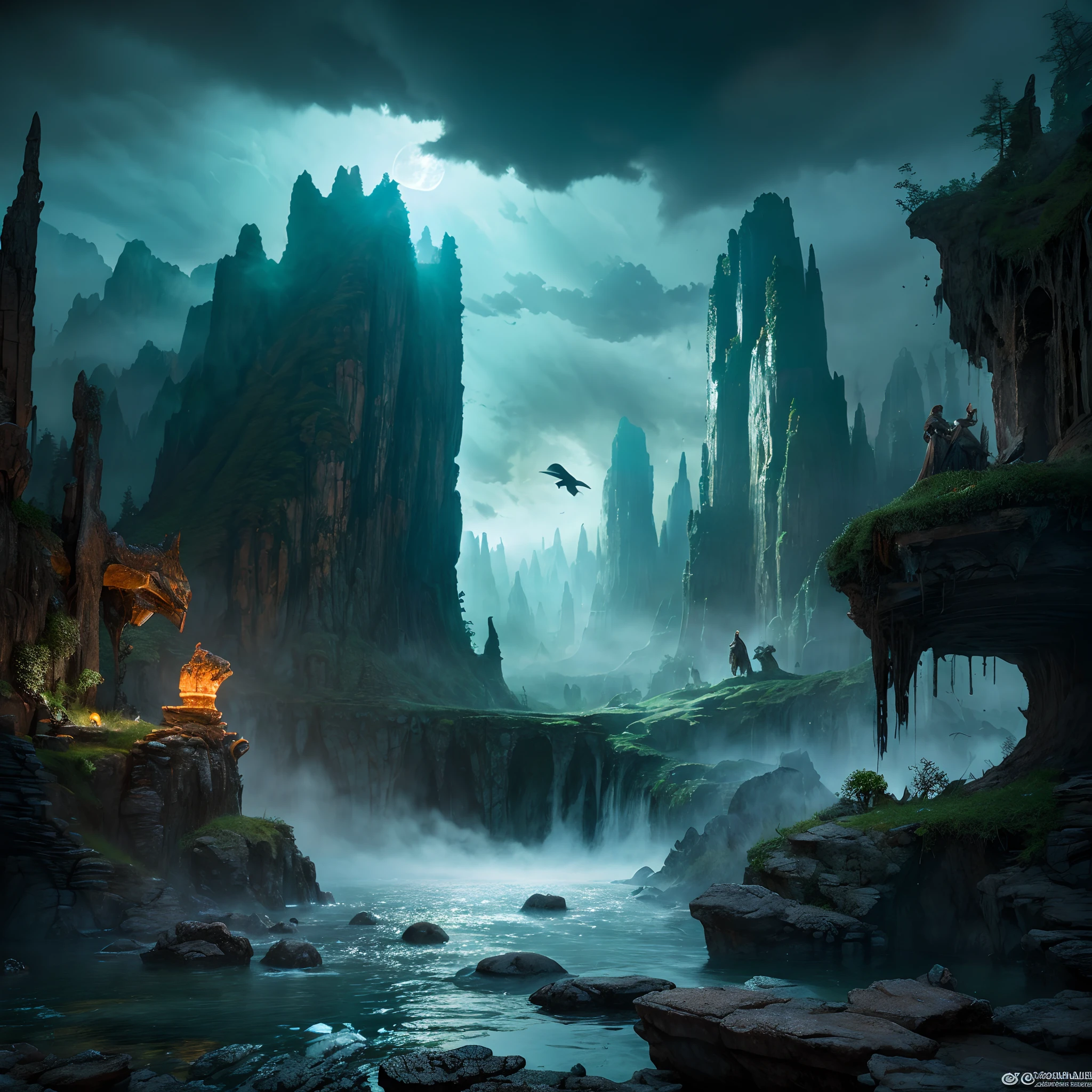 (Best quality,4K,8K,A high resolution,Masterpiece:1.2),Ultra-detailed,(Realistic,Photorealistic,photo-realistic:1.37),Mysterious gateway to the ancient world,Extraordinary creatures emerging from the depths,Mythical creatures guarding the entrance,Dramatic lights illuminate the scene,Detailed depiction of rocky terrain with complex textures,Brilliant colours set off the otherworldly atmosphere,The mist enhances the ominous atmosphere,Ominous shadows add depth to the composition,Amazing detail captures every wrinkle and scale of the creature,A spectacular spectacle that showcases the forces of nature,A surreal fusion of earth and water elements,Delicate attention to biological anatomical details,Stunning views of the vast landscape,Inspire a sense of wonder and adventure,An evocative depiction of the kingdom of mythology,Impressive realism brings the scene to life,An amazing combination of fantasy and reality,The immersive experience draws the viewer into the narrative of the artwork.