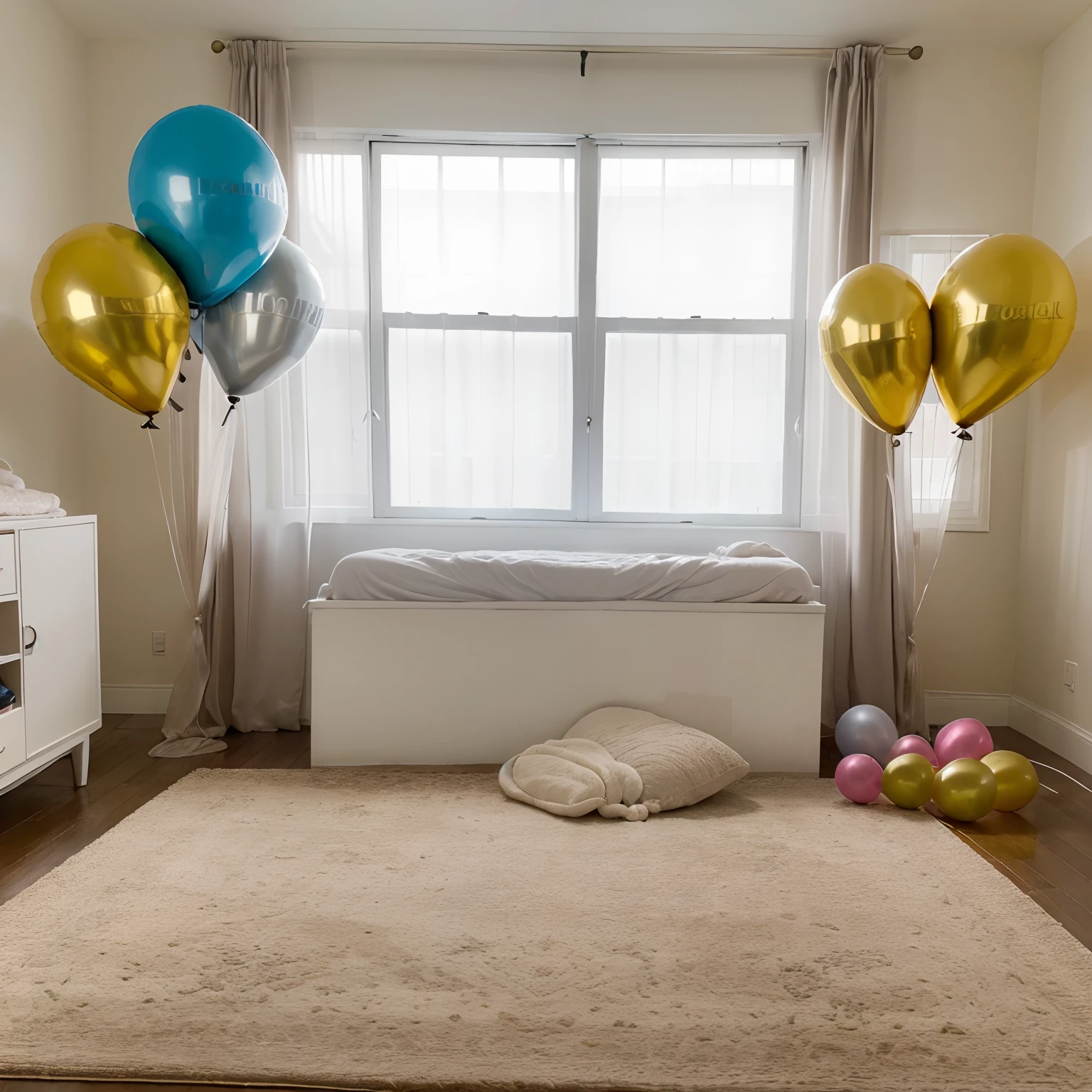 (best quality, highres, 4k),baby shower,garland,balloons,plain,soft colors,natural lighting with a nice rug and soft lighting