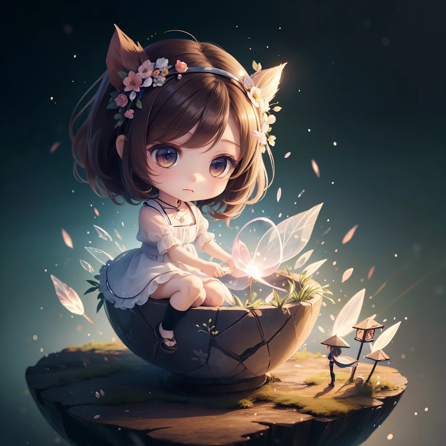 (top-quality, masterpiece), 1 Girl Chibi, garden, kirakira, doress, Particle, the wind, florals, The upper part of the body, Simple dark background, look at viewr, Chibi, Chibi, Tibiroir,