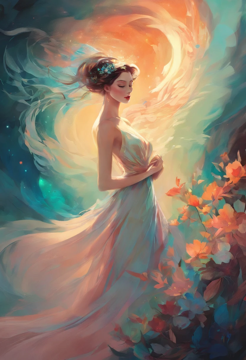 chiaroscuro technique on sensual illustration of an elegant woman, vintage ,silky dress, matte painting, by John Singer Sargent, by Harumi Hironaka, extremely soft colors, vibrant, pastel, highly detailed, digital artwork, high contrast, dramatic, refined, tonal, an intimate, seductive studio setting with a focus on sensuality and romance. Northern Lights blurry background