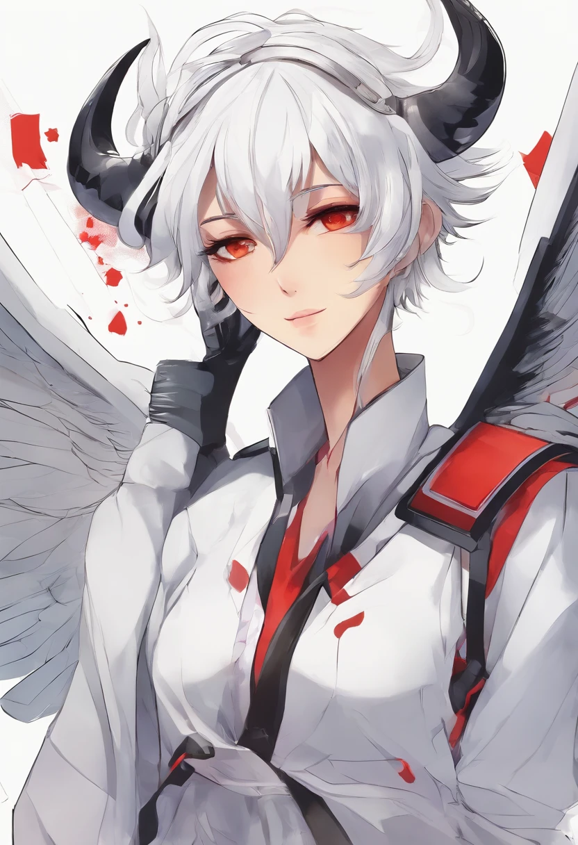 Anime Girl, Tomboy, White Hair, Short Hair, Black Skin, Latin, Sexy, Beautiful, Horns, Wings, Red Eyes