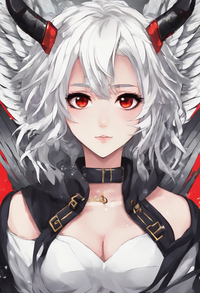 Anime Girl, Tomboy, White Hair, Short Hair, Black Skin, Latin, Sexy, Beautiful, Horns, Wings, Red Eyes