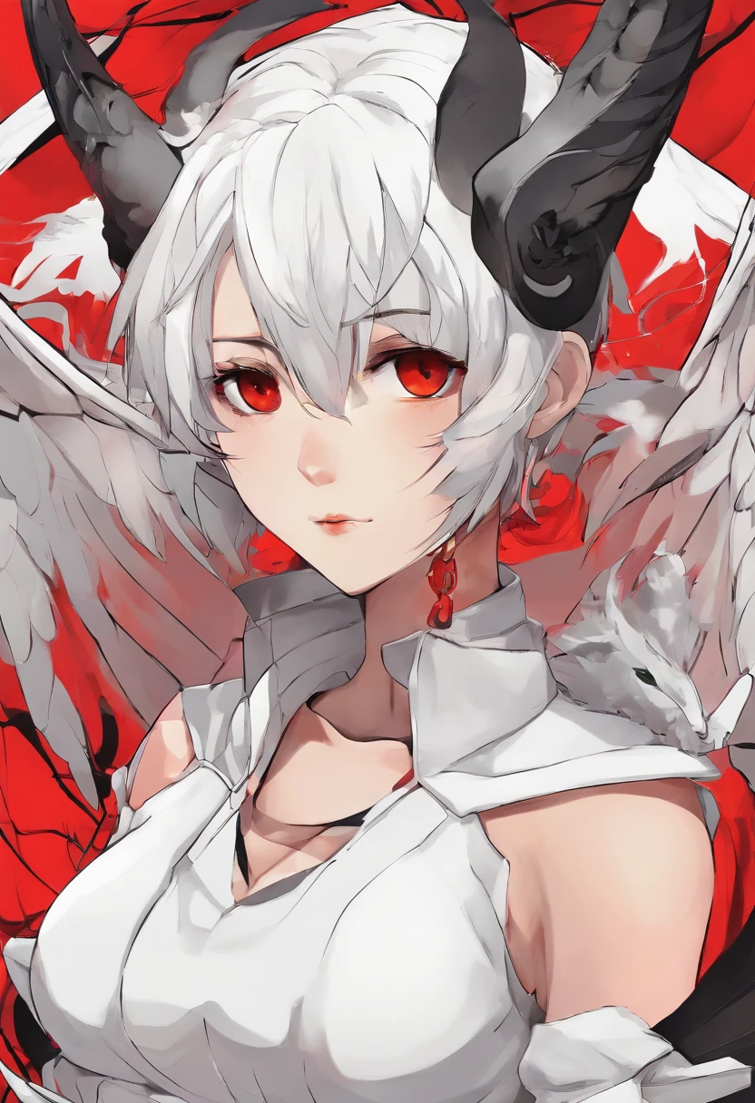 Anime Girl, Tomboy, White Hair, Short Hair, Black Skin, Latin, Sexy, Beautiful, Horns, Wings, Red Eyes