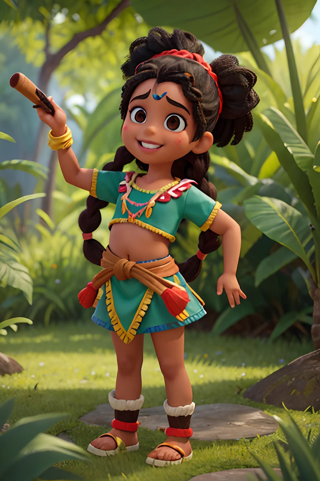 Amazon Girl, 3--old fantil, smald, baby, ethnic traitsng hair up to the waist, with braids in the hair, cabelo preto escuro, Face with indigenous painting, cara pintada, brown skin color, Color Latte, olhos negros e brilhantes, riqueza em detalhes, corpo inteiro, alegre, feliz, sorridente, disney pixar cartoom 3d, Indian girl stands in green forest