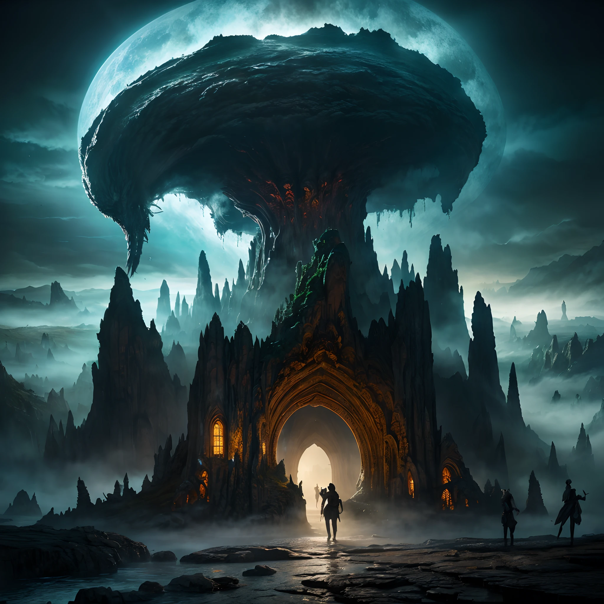 (Best quality,4K,8K,A high resolution,Masterpiece:1.2),Ultra-detailed,(Realistic,Photorealistic,photo-realistic:1.37),Mysterious gateway to the ancient world,Extraordinary creatures emerging from the depths,Mythical creatures guarding the entrance,Dramatic lights illuminate the scene,Detailed depiction of rocky terrain with complex textures,Brilliant colours set off the otherworldly atmosphere,The mist enhances the ominous atmosphere,Ominous shadows add depth to the composition,Amazing detail captures every wrinkle and scale of the creature,A spectacular spectacle that showcases the forces of nature,A surreal fusion of earth and water elements,Delicate attention to biological anatomical details,Stunning views of the vast landscape,Inspire a sense of wonder and adventure,An evocative depiction of the kingdom of mythology,Impressive realism brings the scene to life,An amazing combination of fantasy and reality,The immersive experience draws the viewer into the narrative of the artwork.