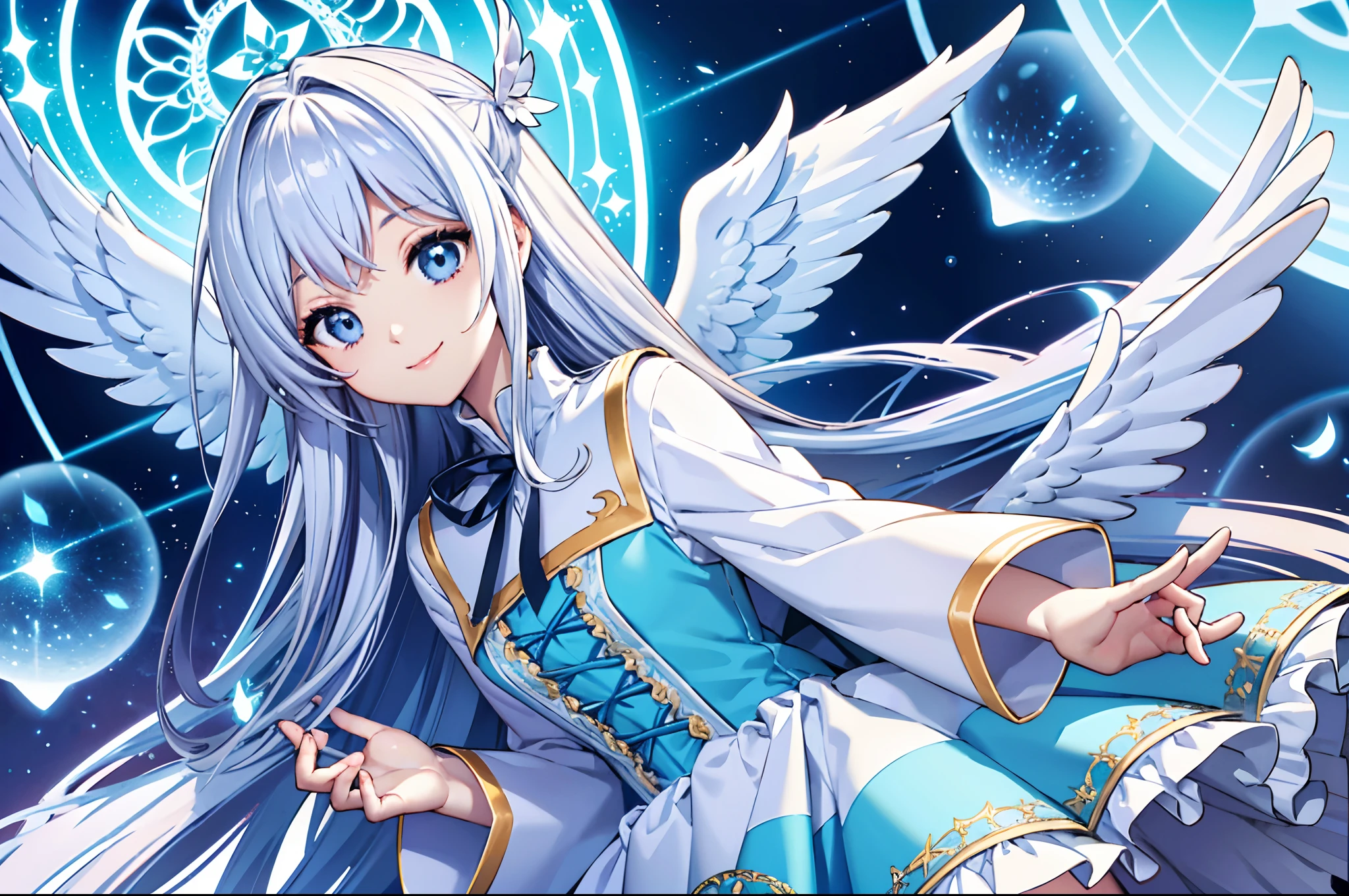 Angel wings shining in seven colors、Kawaii Girl、adorable smiling、Light blue long hair、Twin-tailed、Colorful angel costume、((top-quality))、((​masterpiece))、(ighly detailed、highestdetailed、Official art、Beautifully Aesthetic:1.2)