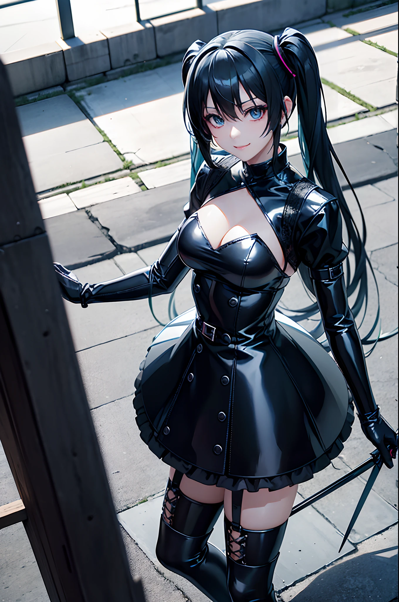 masterpiece、top-quality、Best Shadows、A seductive anime girl、charactor focus、Dark Hatsune Miku with black hair、Blue-eyed Sanpaku、Wearing a black Gothic dress、Wearing black latex gloves、Japan girl face similar to Suzu Hirose、Ruthless smile、cyberpunked、Wearing lace-up boots、Maiden、Concrete basement、pale complexion