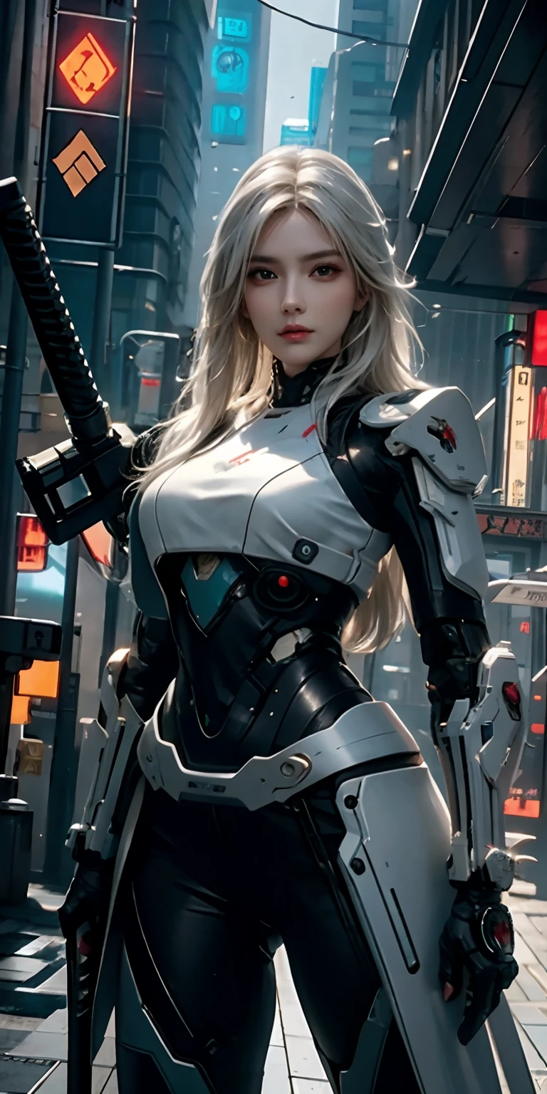 photorealistic, high resolution, soft light,1women, solo, hips up, (detailed face),white long hair, cybersamurai, cyborg, cyberpunk,  cyber armor, holding weapon,glowing,gun, sniper, on the street