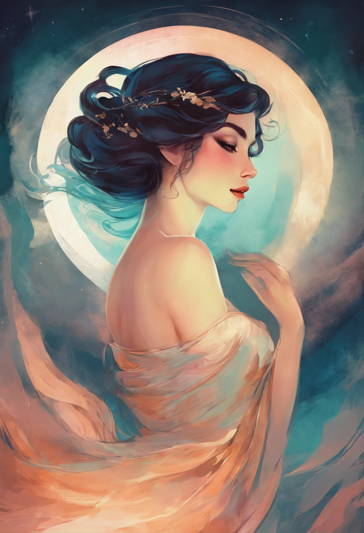 chiaroscuro technique on sensual illustration of an elegant woman, vintage ,silky dress, matte painting, by John Singer Sargent, by Harumi Hironaka, extremely soft colors, vibrant, pastel, highly detailed, digital artwork, high contrast, dramatic, refined, tonal, an intimate, seductive studio setting with a focus on sensuality and romance. Northern Lights blurry background