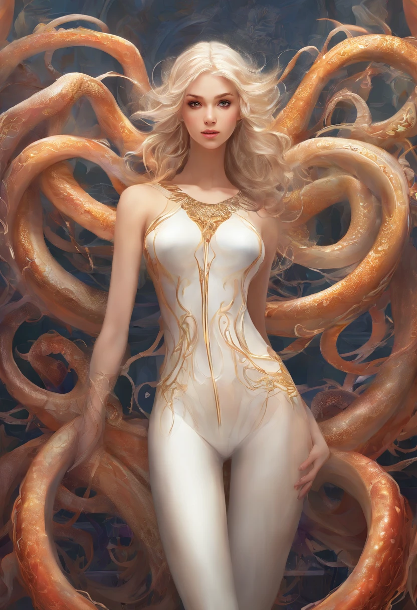 chiaroscuro technique on sensual illustration of tentacles, soft lighting, (ultra realistic 8k cg), (epic), ((rich, prestige)), perfect artwork, (masterpiece, high quality:1.2), ((hyper photorealistic:1.2)), intricate detail, delicate pattern, ((1girl:1.0)), ((full body:1.0)), ((perfect face:1.3)), ((perfect cool eyes:1.2)), (ecstasy face), (heavy makeup), ((platinum blonde long hair:1.0)), ((perfect female body)), ((wear a lot of tentacles inside white translucent bodysuit:1.2)), (a lot of tentacles full filled bodysuit:1.2), ((gigantic breasts:1.0)), portrait photo of an 20 years old european blonde haired woman sitting style \(artistic makeup with geometric lines\) , 8k, uhd, realistic, detailed skin, insane detailed, Illumination daylight, highly detailed,byJocelyn Hobbie and Charles Dwyer, Triadic color guide,Leica Q2 with Summilux 28mm f/1.7 ASPH, hanfu,clear face, Ultra High Resolution, wallpaper, 8K,Rich texture details, hyper detailed, detailed eyes, detailed background,