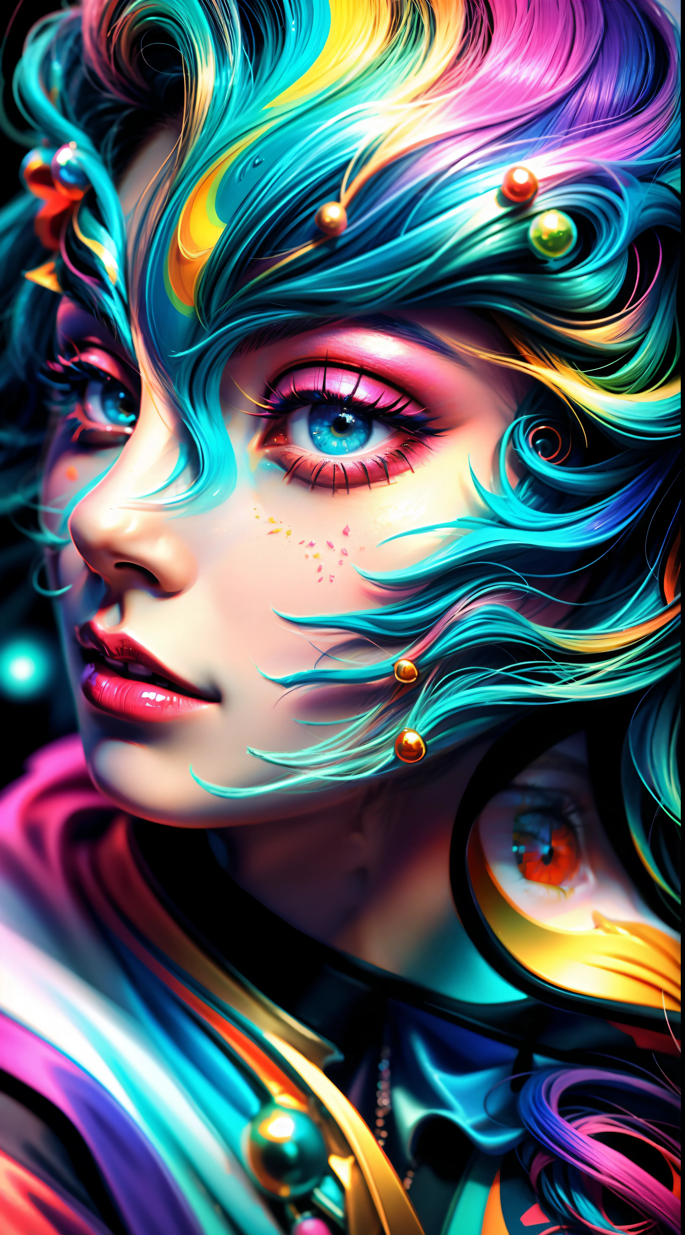 um close up do rosto de uma mulher com cabelo colorido, arte de fantasia digital colorida, Arte digital altamente detalhada em 4k, Arte digital detalhada em 4k, 3d arte digital 4k, airbrush digital art, pintura detalhada 4K, Arte colorida, lindo arte digital, arte colorida bonita!, arte detalhada em cores, Arte 3D digital detalhada, arte digital 4k