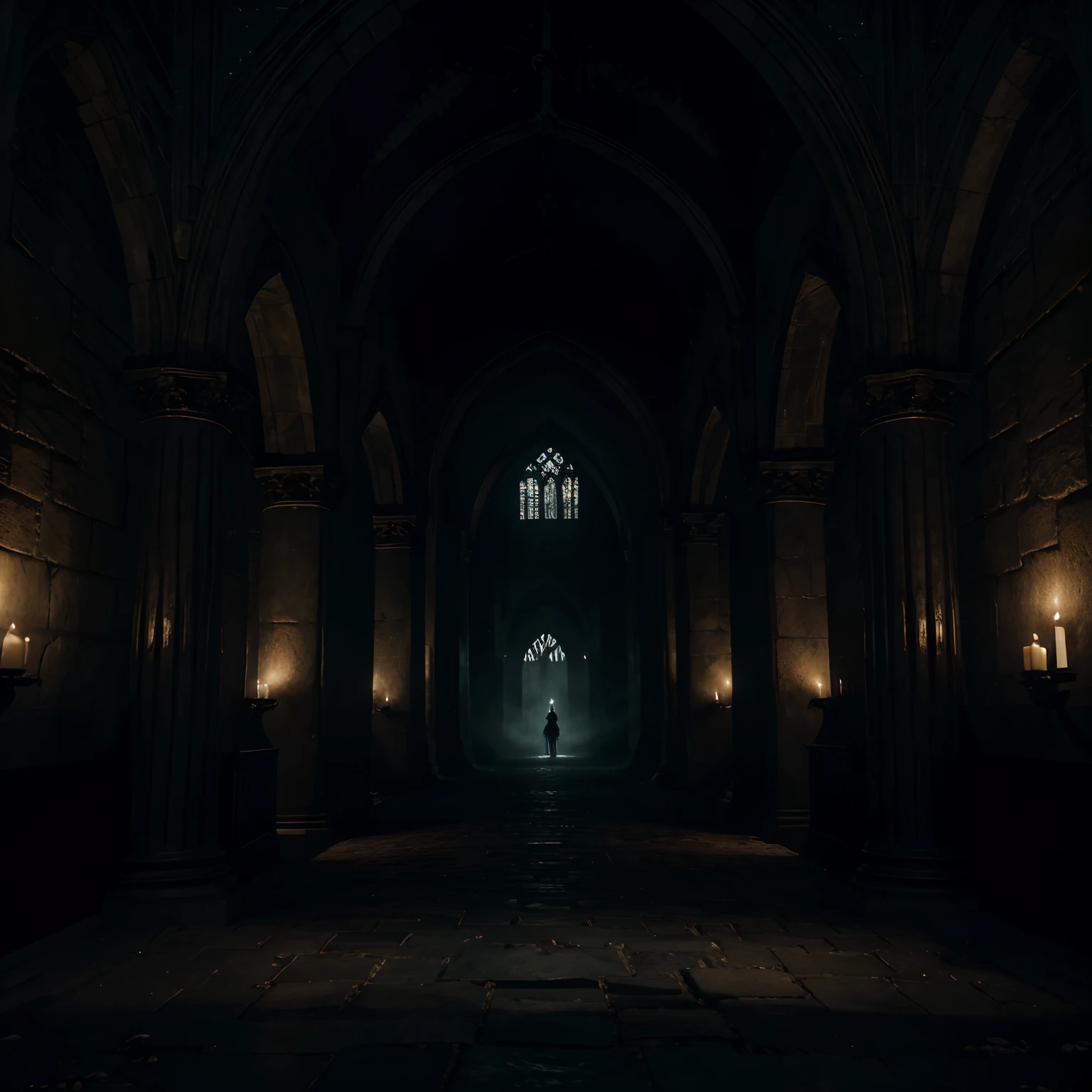 (best quality,4k,highres,masterpiece:1.2),dark Gothic backdrop,haunting atmosphere,detailed architecture,gloomy ambiance,moody lighting,ominous shadows,ornate decorations,macabre elements,vivid colors,noir tones,textured walls,gothic arches,intense contrasts,mysterious fog,creepy statues,moonlit sky,echoing footsteps,secret passageways,torches flickering,medieval charm,gothic cathedral,cobblestone streets,old-world charm,horror vibes,spooky ambiance,cryptic symbols,phantasmagorical scene