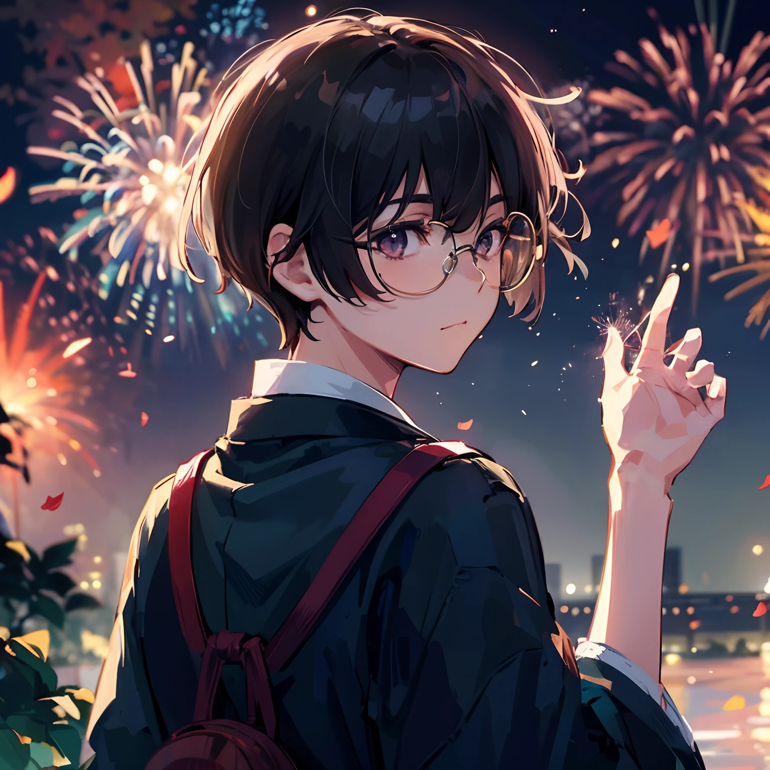 Japanese anime, beautiful young man, dark hair, bowl cut, round glasses, autumn attire, autumn fireworks, night, looking back,high quality, amount of drawing, pixiv illustration