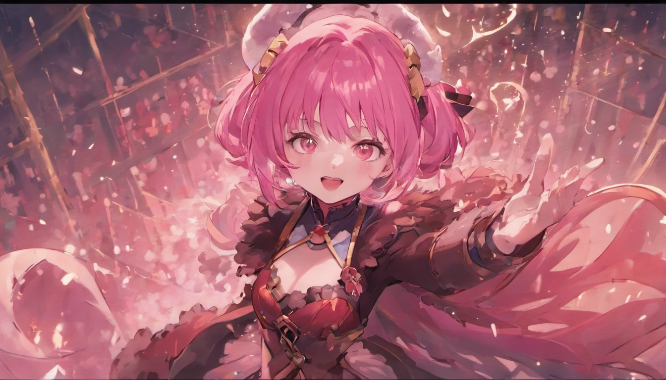 masterpiece,1girl, serina,pink_hair, gloves, black_gloves, fur_trim, hat, santa_costume, christmas, open_mouth, smile, bell, solo, red_headwear, pantyhose, white_background, pink_eyes, santa_hat,