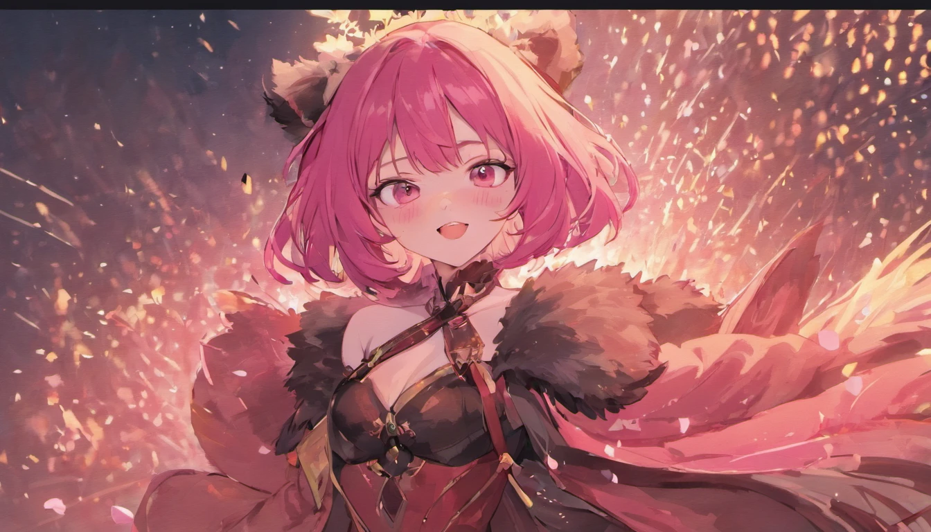 masterpiece,1girl, serina,pink_hair, gloves, black_gloves, fur_trim, hat, santa_costume, christmas, open_mouth, smile, bell, solo, red_headwear, pantyhose, white_background, pink_eyes, santa_hat,
