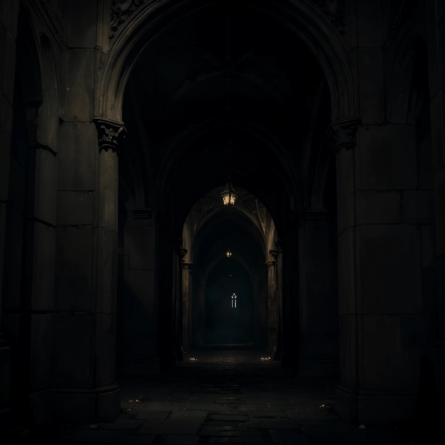 A dimly lit hallway with a light shining through the archway - SeaArt AI