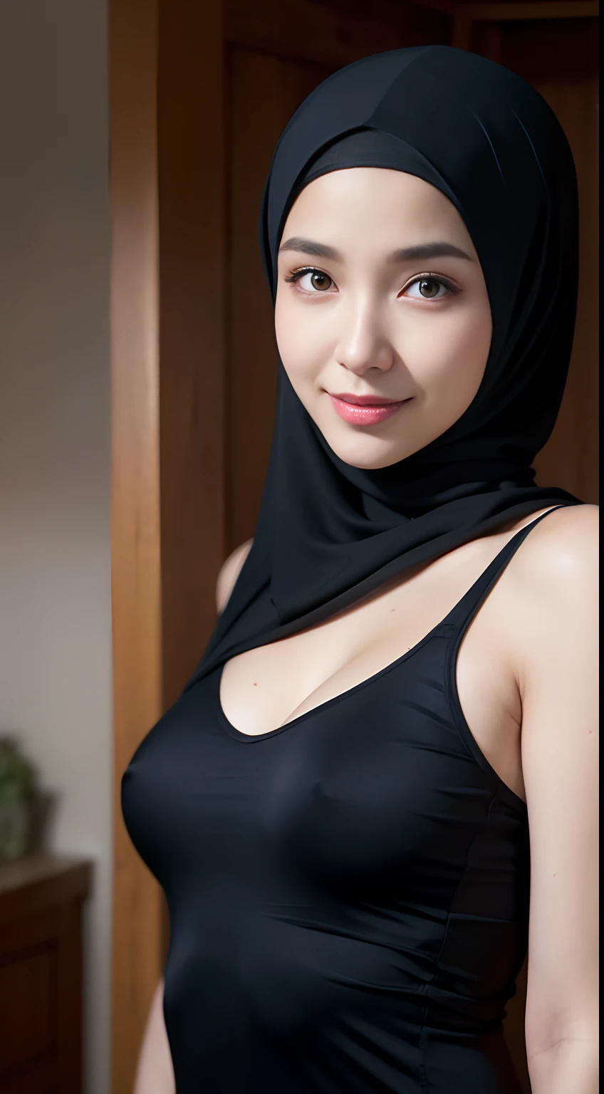 8K, Raw photography, top-quality, masterpiece:1.2), ultra-details art, a high resolution, (Photorealsitic, Photorealistic photography:1.37), High Detail RAW Color Photography, professional photograpy, extremely delicate and beautiful, highly detailed, 8K Picture Wallpaper, amazing and detailed detail, huge filesize, Official art, Highly detailed CG Unity 8K wallpapers, Very detailed beautiful woman, extra detailed face, extremely detailed eyes, highly detailed eyebrow, highly detail skin, extremely detailed fingers, highly detailed nose, highly detail mouth, perfect anatomia, (highly detailed background), 1girl in, (19-years old:1.2), in her 20s, pretty woman, Realistic body, Petite, fair white skin, glistening skin, Slender body, ((A smile)), lad, Lifelike face, Delicate eyes, asterior view, medium breasts, a bathroom, bathroom, in a house, Shadow, ((wearing detailed black hijab)), ((muslim woman wear black hijab)), ((wearing tight blue jersey shirt:1.1)), ((rolled up jersey shirt)), hands rolled up jersey shirt, exposed lace sports bra, half body shot