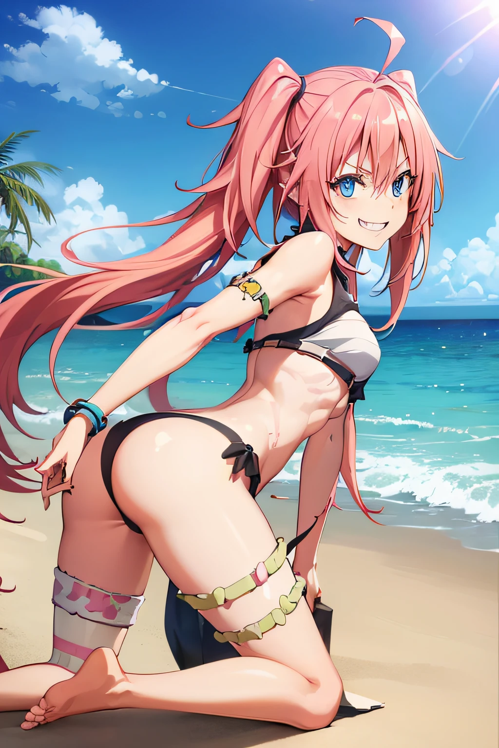 ((female)), (long, very messy hair), (happy smile), fangs, ((ripped abdomen)), toned arms and legs, medium breasts, excessive sweating, (summer beach scene), looking back showing her ass, ((blue eyes)), barefoot